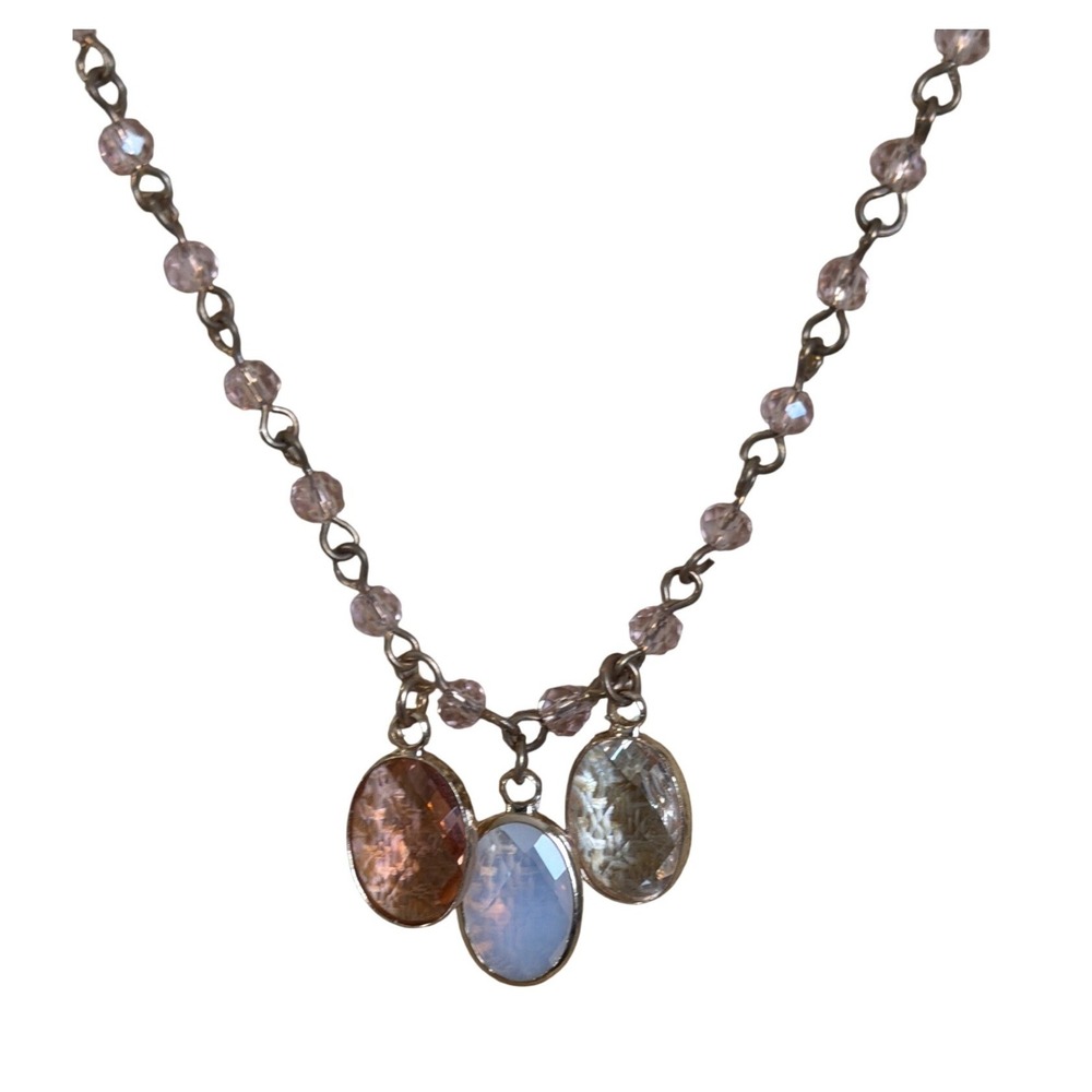 Gold Tone Beaded Necklace Trio of Oval Faceted‎ Glass Charms Layering Boho